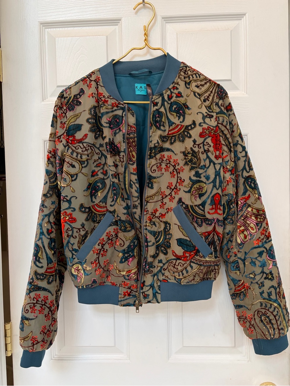 Paisley Embroidered Bomber Jacket in Taupe and Teal